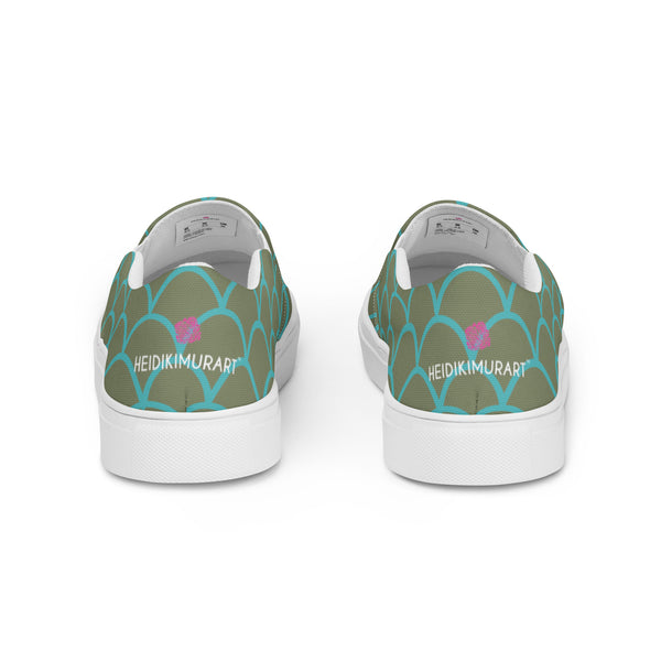 Green Mermaid Print Slip Ons, Green Blue Mermaid Scales Print Women’s Slip-On Canvas Shoes, Best Quality Women’s Premium High Quality Luxury Style Slip-On Canvas Shoes (US Size: 5-12)&nbsp;Women's Casual Shoes, Slip-On Padded Breathable Loafer Shoes Footwear, Cute Slip On Sneakers for Adults, Gift For Mermaid Loving Shoe Lover