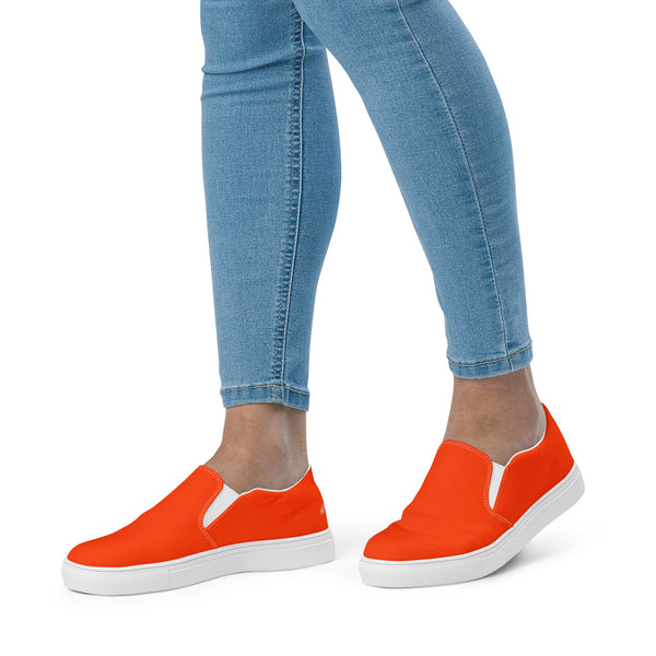 Orange Women's Slip Ons, Solid Colorful Orange Color Modern Minimalist Women’s Slip-On Canvas Shoes (US Size: 5-12)