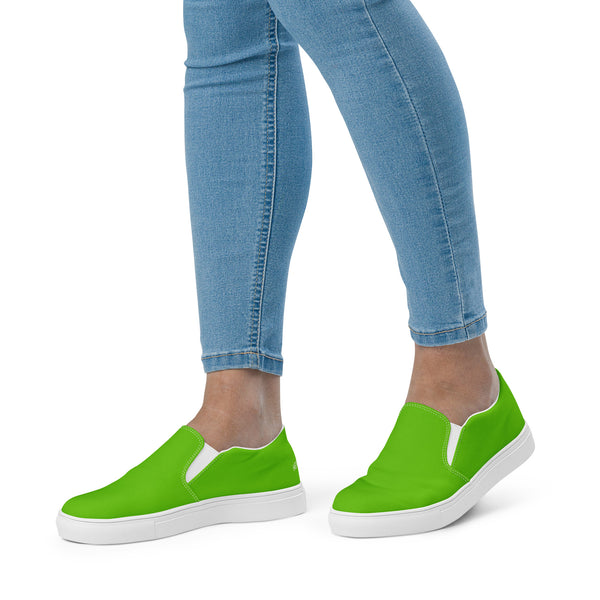 Bright Lime Green Women's Slip Ons, Solid Bright Green Color Modern Classic Modern Minimalist Women’s Premium High Quality Luxury Style Slip-On Canvas Shoes (US Size: 5-12) Women's Green Shoes, Slip-On Padded Breathable Loafer Shoes Footwear