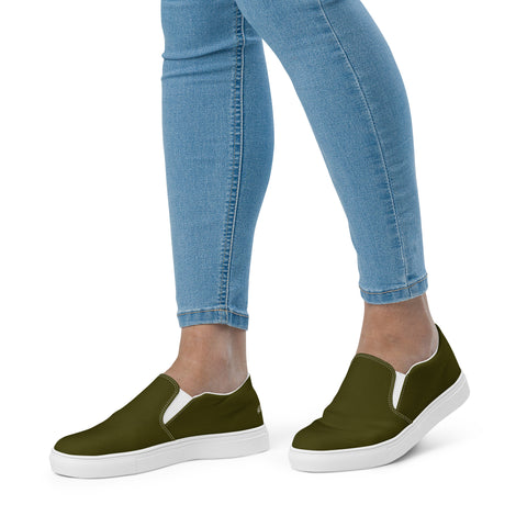 Dark Green Women's Slip Ons, Solid Pine Dark Green Color Modern Classic Modern Minimalist Women’s Premium High Quality Luxury Style Slip-On Canvas Shoes (US Size: 5-12) Women's Green Shoes, Slip-On Padded Breathable Loafer Shoes Footwear