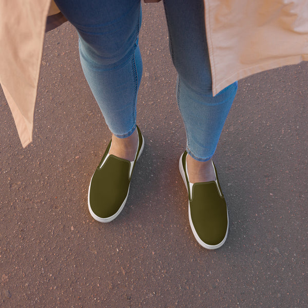 Dark Green Women's Slip Ons, Solid Pine Dark Green Color Modern Classic Modern Minimalist Women’s Premium High Quality Luxury Style Slip-On Canvas Shoes (US Size: 5-12) Women's Green Shoes, Slip-On Padded Breathable Loafer Shoes Footwear