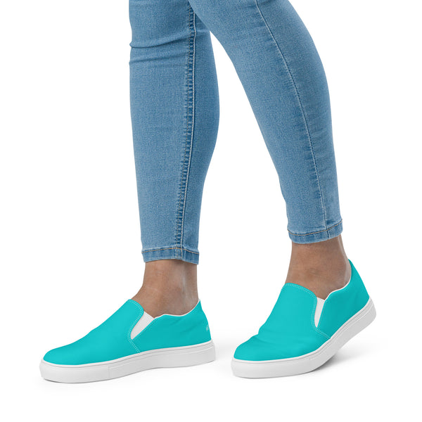 Bright Blue Women's Slip Ons, Solid Aqua Blue Color Modern Classic Modern Minimalist Women’s Premium High Quality Luxury Style Slip-On Canvas Shoes (US Size: 5-12) Women's Solid Color Casual Shoes, Slip-On Padded Breathable Loafer Shoes Footwear