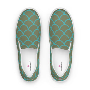 Green Mermaid Print Slip Ons, Green Blue Mermaid Scales Print Women’s Slip-On Canvas Shoes, Best Quality Women’s Premium High Quality Luxury Style Slip-On Canvas Shoes (US Size: 5-12)&nbsp;Women's Casual Shoes, Slip-On Padded Breathable Loafer Shoes Footwear, Cute Slip On Sneakers for Adults, Gift For Mermaid Loving Shoe Lover