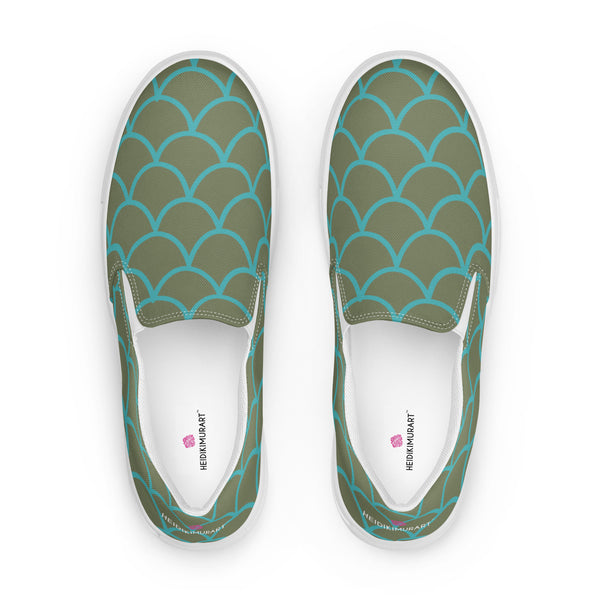 Green Mermaid Print Slip Ons, Green Blue Mermaid Scales Print Women’s Slip-On Canvas Shoes, Best Quality Women’s Premium High Quality Luxury Style Slip-On Canvas Shoes (US Size: 5-12)&nbsp;Women's Casual Shoes, Slip-On Padded Breathable Loafer Shoes Footwear, Cute Slip On Sneakers for Adults, Gift For Mermaid Loving Shoe Lover