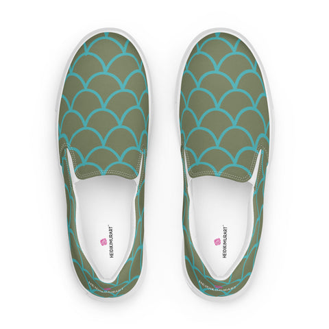 Green Mermaid Print Slip Ons, Green Blue Mermaid Scales Print Women’s Slip-On Canvas Shoes, Best Quality Women’s Premium High Quality Luxury Style Slip-On Canvas Shoes (US Size: 5-12)&nbsp;Women's Casual Shoes, Slip-On Padded Breathable Loafer Shoes Footwear, Cute Slip On Sneakers for Adults, Gift For Mermaid Loving Shoe Lover