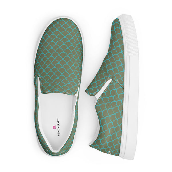 Green Mermaid Print Slip Ons, Green Blue Mermaid Scales Print Women’s Slip-On Canvas Shoes, Best Quality Women’s Premium High Quality Luxury Style Slip-On Canvas Shoes (US Size: 5-12)&nbsp;Women's Casual Shoes, Slip-On Padded Breathable Loafer Shoes Footwear, Cute Slip On Sneakers for Adults, Gift For Mermaid Loving Shoe Lover