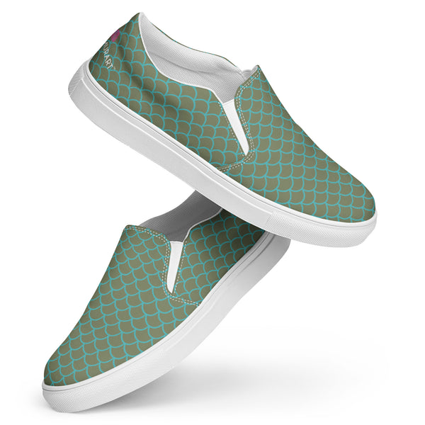 Green Mermaid Print Slip Ons, Green Blue Mermaid Scales Print Women’s Slip-On Canvas Shoes, Best Quality Women’s Premium High Quality Luxury Style Slip-On Canvas Shoes (US Size: 5-12)&nbsp;Women's Casual Shoes, Slip-On Padded Breathable Loafer Shoes Footwear, Cute Slip On Sneakers for Adults, Gift For Mermaid Loving Shoe Lover