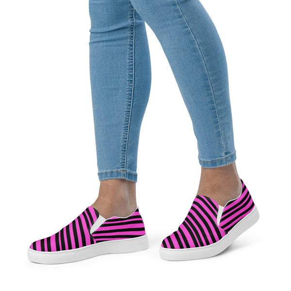 Pink Striped Women's Slip Ons, Women’s slip-on canvas shoes