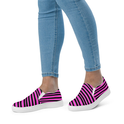 Black Striped Women's Slip-Ons, Pink and Black Diagonally Striped Print Women’s Slip-On Canvas Shoes, Best Quality Women’s Premium High Quality Luxury Style Slip-On Canvas Shoes (US Size: 5-12)&nbsp;Women's Striped Print Casual Shoes, Slip-On Padded Breathable Loafer Shoes Footwear