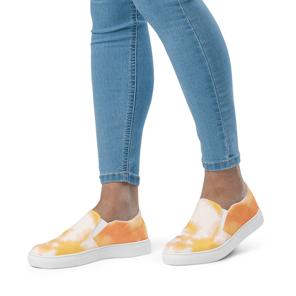 Sunset Tie Dye Women's Sneakers, Orange White Tie Dye Abstract Designer Luxury Women's Slip Ons, Tie Dye Shoes, Print Women’s Slip-On Canvas Shoes (US Size: 5-12) Women’s Premium High Quality Luxury Style Slip-On Canvas Shoes, Tie Dye Sneakers, Tie Dye Print Patterned Best Colorful Slip On Shoes, Slip-On Padded Breathable Loafer Shoes Footwear