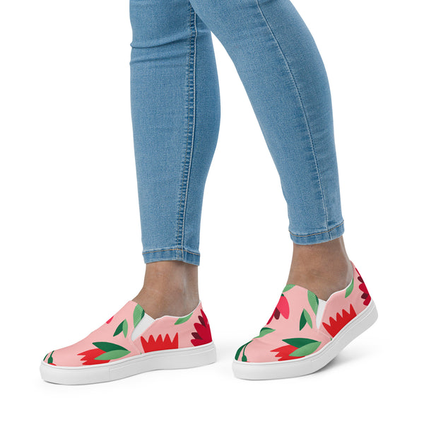 Pink Floral Women's Slip Ons, Red Floral Flower Print Best Quality Women’s Premium High Quality Luxury Style Slip-On Canvas Shoes (US Size: 5-12) Women's Floral Print Casual Shoes, Slip-On Padded Breathable Loafer Shoes Footwear