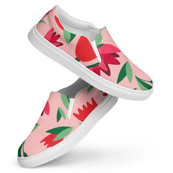 Pink Floral Women's Slip Ons, Red Floral Flower Print Best Quality Women’s Premium High Quality Luxury Style Slip-On Canvas Shoes (US Size: 5-12) Women's Floral Print Casual Shoes, Slip-On Padded Breathable Loafer Shoes Footwear