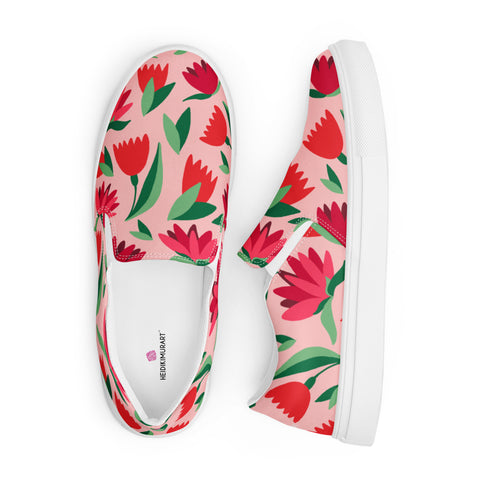 Red Floral Women's Sneakers, Pink Girlie Flower Print Modern Minimalist Women’s Premium High Quality Luxury Style Slip-On Canvas Shoes (US Size: 5-12) Women's Flower Shoes, Slip-On Padded Breathable Loafer Shoes Footwear