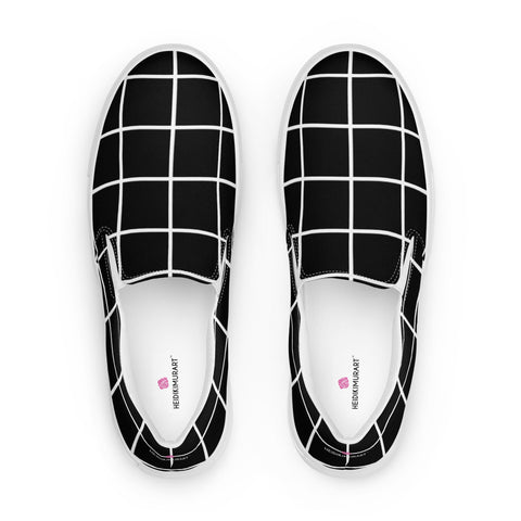 Black Grid Women's Sneakers, Unique Abstract Print Designer Luxury Women's Slip Ons Women’s Slip-On Canvas Shoes (US Size: 5-12) Women’s Premium High Quality Luxury Style Slip-On Canvas Shoes, Designer Patterned Canvas Sneakers, Patterned Best Ladies' Slip On Shoes, Slip-On Padded Breathable Loafer Shoes Footwear