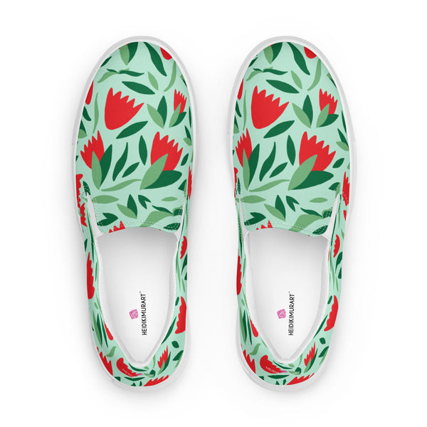 Green Red Floral Women's Shoes, Red Floral Flower Print Best Quality Women’s Premium High Quality Luxury Style Slip-On Canvas Shoes (US Size: 5-12) Women's Floral Print Casual Shoes, Slip-On Padded Breathable Loafer Shoes Footwear