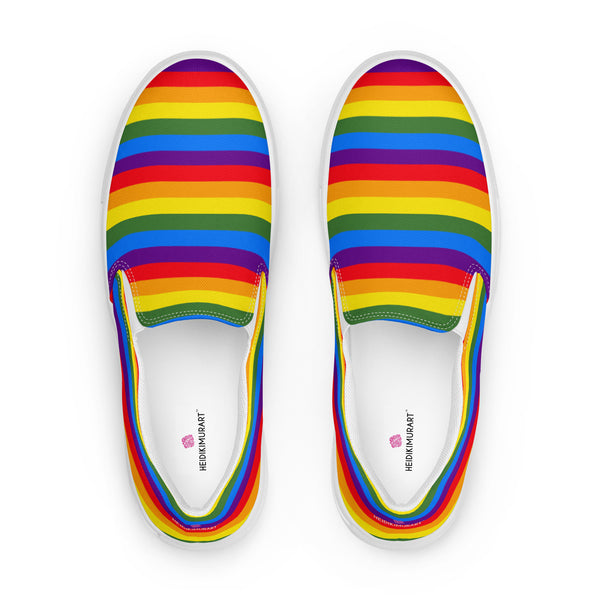 Bright Lime Green Women's Slip Ons, , Gay Pride Rainbow Striped Print Women’s Premium High Quality Luxury Style Slip-On Canvas Shoes (US Size: 5-12) Women's Gay Pride Shoes, Slip-On Padded Breathable Loafer Shoes Footwear