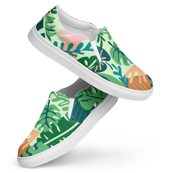 Green Tropical Women's Sneakers, Tropical Leaves Print Modern Women’s Premium High Quality Luxury Style Slip-On Canvas Shoes (US Size: 5-12) Women's Green Shoes, Slip-On Padded Breathable Loafer Shoes Footwear