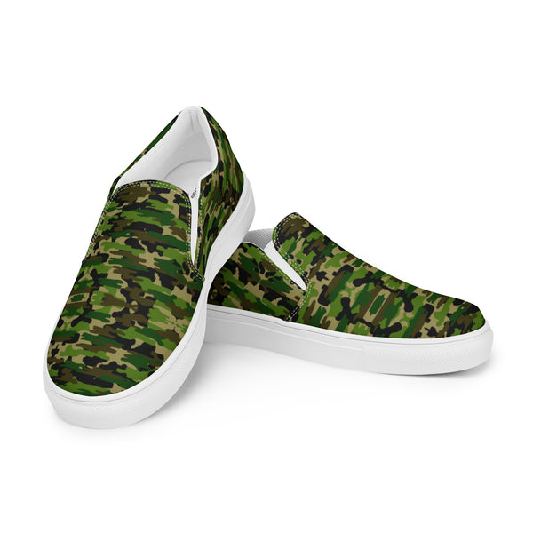 Green Camo Women's Slip Ons, Green Camouflage Army Military Print Best Quality Women’s Premium High Quality Luxury Style Slip-On Canvas Shoes (US Size: 5-12) Women's Solid Color Casual Shoes, Slip-On Padded Breathable Loafer Shoes Footwear