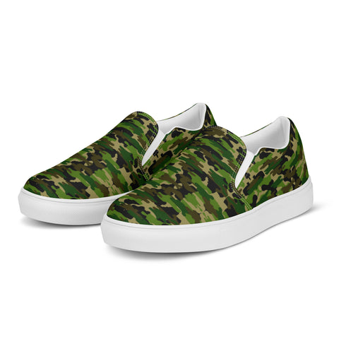 Green Camo Women's Slip Ons, Green Camouflage Army Military Print Best Quality Women’s Premium High Quality Luxury Style Slip-On Canvas Shoes (US Size: 5-12) Women's Solid Color Casual Shoes, Slip-On Padded Breathable Loafer Shoes Footwear