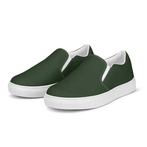 Pine Green Women's Slip Ons, Solid Sage Dark Green Color Modern Classic Modern Minimalist Women’s Slip-On Canvas Shoes (US Size: 5-12) Women's Green Shoes, Slip-On Loafer Shoes Footwear