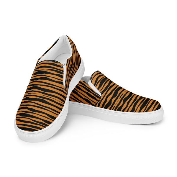 Tiger Striped Women's Slip-Ons, Brown Tiger Animal Print Best Quality Women’s Premium High Quality Luxury Style Slip-On Canvas Shoes (US Size: 5-12) Women's Tiger Striped Animal Print Casual Shoes, Slip-On Padded Breathable Loafer Shoes Footwear