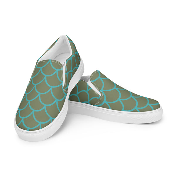 Green Mermaid Print Slip Ons, Green Blue Mermaid Scales Print Women’s Slip-On Canvas Shoes, Best Quality Women’s Premium High Quality Luxury Style Slip-On Canvas Shoes (US Size: 5-12)&nbsp;Women's Casual Shoes, Slip-On Padded Breathable Loafer Shoes Footwear, Cute Slip On Sneakers for Adults, Gift For Mermaid Loving Shoe Lover