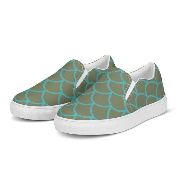 Green Mermaid Print Slip Ons, Green Blue Mermaid Scales Print Women’s Slip-On Canvas Shoes, Best Quality Women’s Premium High Quality Luxury Style Slip-On Canvas Shoes (US Size: 5-12)&nbsp;Women's Casual Shoes, Slip-On Padded Breathable Loafer Shoes Footwear, Cute Slip On Sneakers for Adults, Gift For Mermaid Loving Shoe Lover