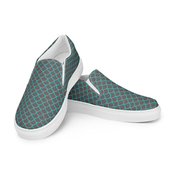 Grey Mermaid Women's Slip Ons, Blue and Grey Mermaid Scales Print Women’s Slip-On Canvas Shoes, Best Quality Women’s Premium High Quality Luxury Style Slip-On Canvas Shoes (US Size: 5-12)&nbsp;Women's Casual Shoes, Slip-On Padded Breathable Loafer Shoes Footwear, Cute Slip On Sneakers for Adults, Gift For Mermaid Loving Shoe Lover&nbsp;