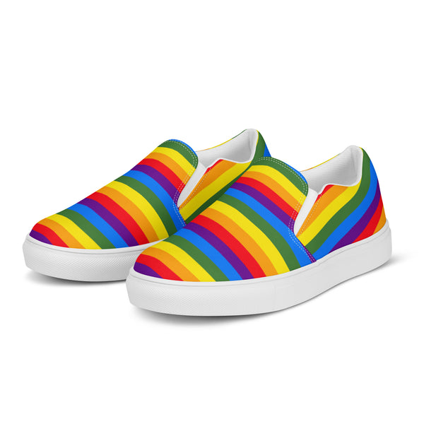 Bright Lime Green Women's Slip Ons, , Gay Pride Rainbow Striped Print Women’s Premium High Quality Luxury Style Slip-On Canvas Shoes (US Size: 5-12) Women's Gay Pride Shoes, Slip-On Padded Breathable Loafer Shoes Footwear
