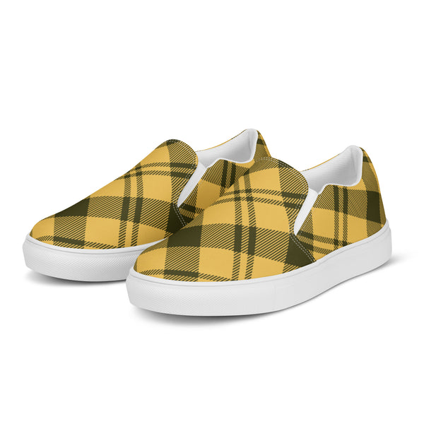 Yellow Plaid Print Women's Sneakers, Plaid Print Classic Modern Minimalist Women’s Premium High Quality Luxury Style Slip-On Canvas Shoes (US Size: 5-12) Women's Casual Shoes, Slip-On Padded Breathable Loafer Shoes Footwear
