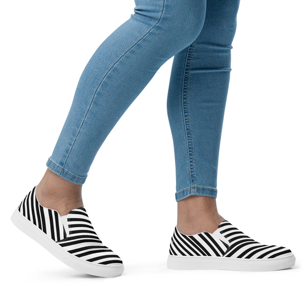 White Black Striped Women's Shoes, Women’s slip-on canvas shoes