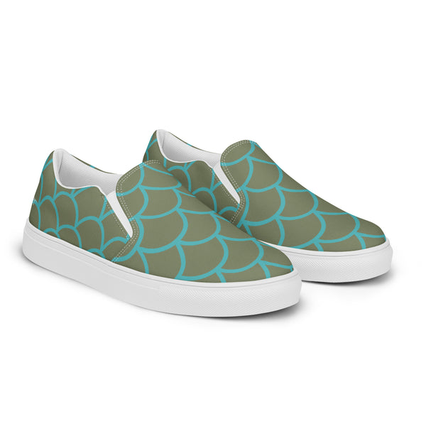 Green Mermaid Print Slip Ons, Green Blue Mermaid Scales Print Women’s Slip-On Canvas Shoes, Best Quality Women’s Premium High Quality Luxury Style Slip-On Canvas Shoes (US Size: 5-12)&nbsp;Women's Casual Shoes, Slip-On Padded Breathable Loafer Shoes Footwear, Cute Slip On Sneakers for Adults, Gift For Mermaid Loving Shoe Lover