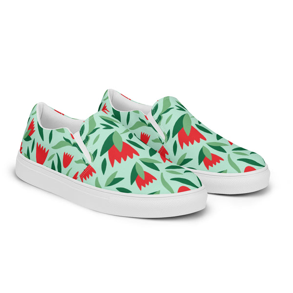 Green Red Floral Women's Shoes, Red Floral Flower Print Best Quality Women’s Premium High Quality Luxury Style Slip-On Canvas Shoes (US Size: 5-12) Women's Floral Print Casual Shoes, Slip-On Padded Breathable Loafer Shoes Footwear