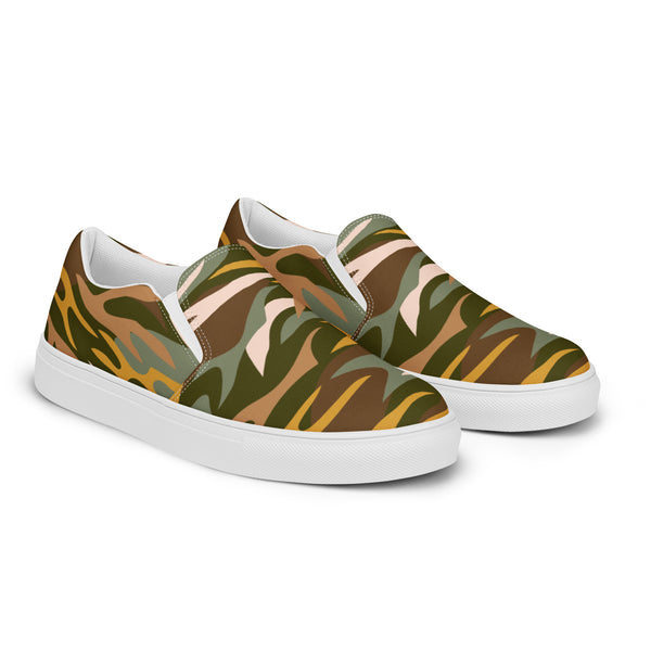 Camo Print Women's Sneakers, Green Brown Camouflaged Classic Modern Minimalist Women’s Premium High Quality Luxury Style Slip-On Canvas Shoes (US Size: 5-12) Camouflage Sneakers for Women, Slip-On Padded Breathable Loafer Shoes Footwear, Ladies Canvas Shoes, Camouflage Sneakers, Camouflage Shoes 