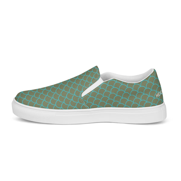 Green Mermaid Print Slip Ons, Green Blue Mermaid Scales Print Women’s Slip-On Canvas Shoes, Best Quality Women’s Premium High Quality Luxury Style Slip-On Canvas Shoes (US Size: 5-12)&nbsp;Women's Casual Shoes, Slip-On Padded Breathable Loafer Shoes Footwear, Cute Slip On Sneakers for Adults, Gift For Mermaid Loving Shoe Lover