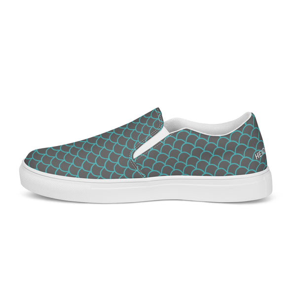 Grey Mermaid Women's Slip Ons, Blue and Grey Mermaid Scales Print Women’s Slip-On Canvas Shoes, Best Quality Women’s Premium High Quality Luxury Style Slip-On Canvas Shoes (US Size: 5-12)&nbsp;Women's Casual Shoes, Slip-On Padded Breathable Loafer Shoes Footwear, Cute Slip On Sneakers for Adults, Gift For Mermaid Loving Shoe Lover&nbsp;