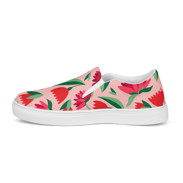 Red Floral Women's Sneakers, Pink Girlie Flower Print Modern Minimalist Women’s Premium High Quality Luxury Style Slip-On Canvas Shoes (US Size: 5-12) Women's Flower Shoes, Slip-On Padded Breathable Loafer Shoes Footwear