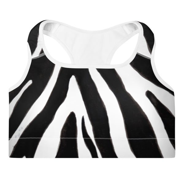 Black White Zebra Animal Print Women's Designer Padded Sports Bra- Made in USA/EU-Sports Bras-Heidi Kimura Art LLC
